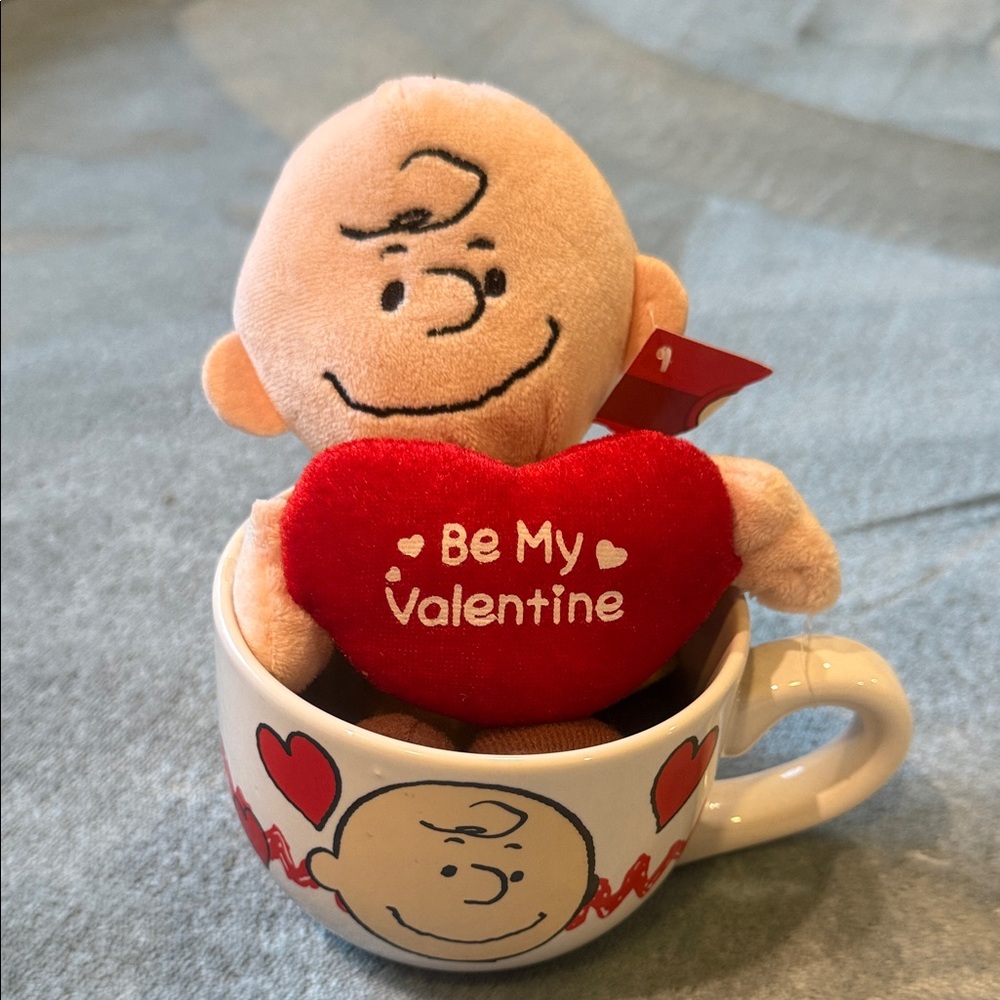 Charlie Brown Plush with “Be My Valentine” Heart in Matching Mug NWT